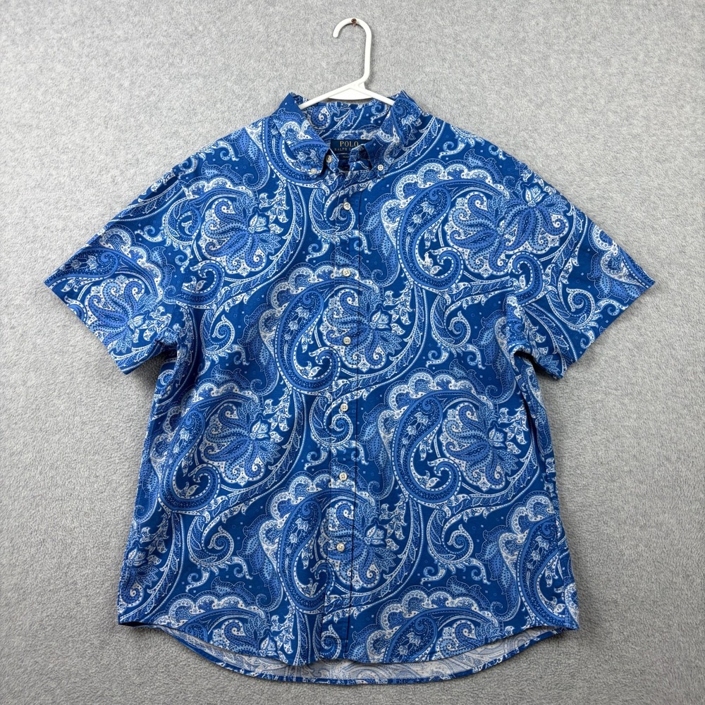Polo Ralph Lauren Shirt Mens XL Blue Paisley Oxford OCBD Short Sleeve Classic